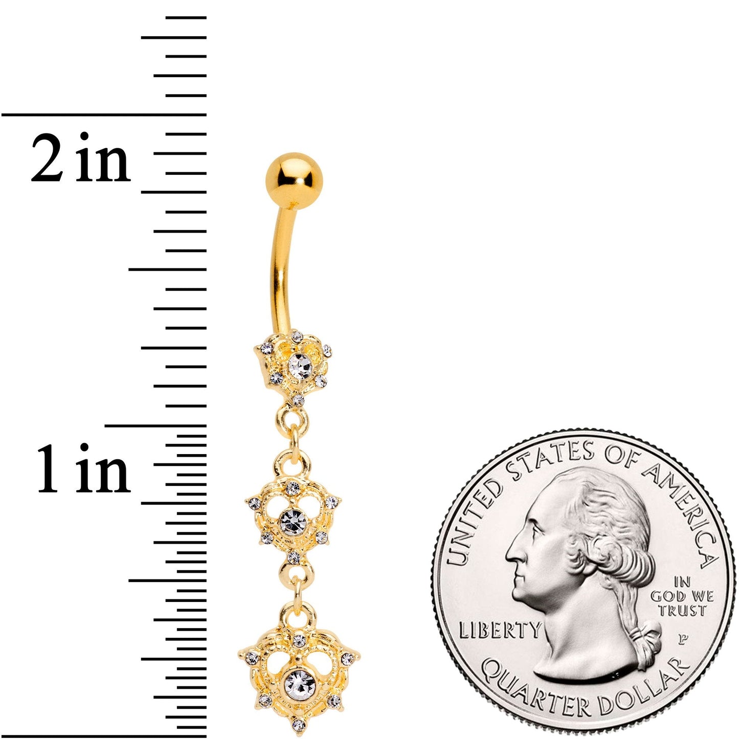 Clear CZ Gem Gold Tone Anodized Triple Heart Dangle Belly Ring