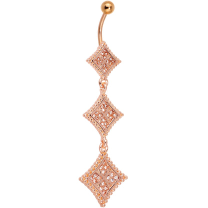 Clear Gem Rose Gold Tone Regal Triple Rhombus Dangle Belly Ring