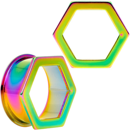 Rainbow Geometric Hexagon Double Flare Tunnel Plug Set 3mm to 25mm