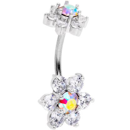 Clear Aurora CZ Gem Double Flower Delight Double Mount Belly Ring