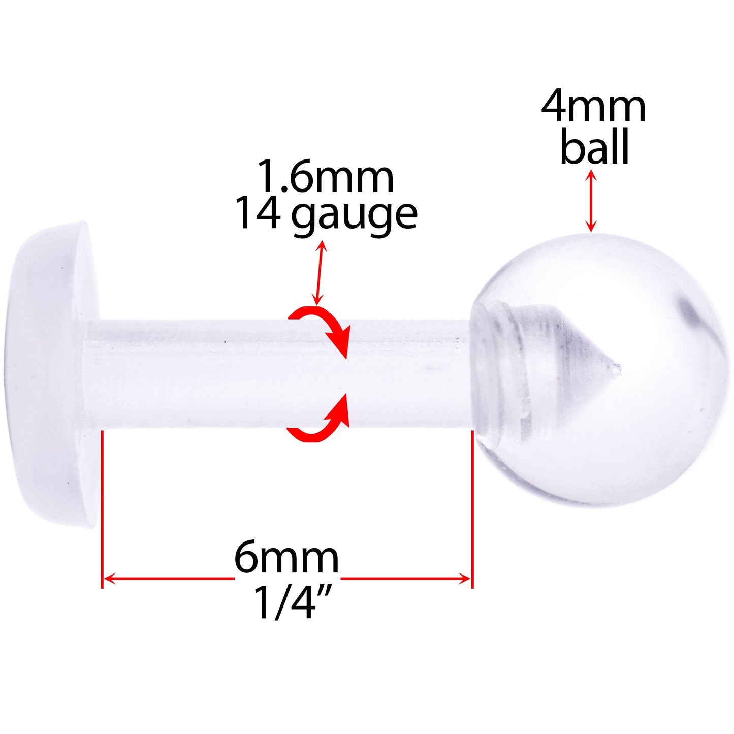 14G 1/4 Clear Flexible Bioplast Labret Monroe Retainer