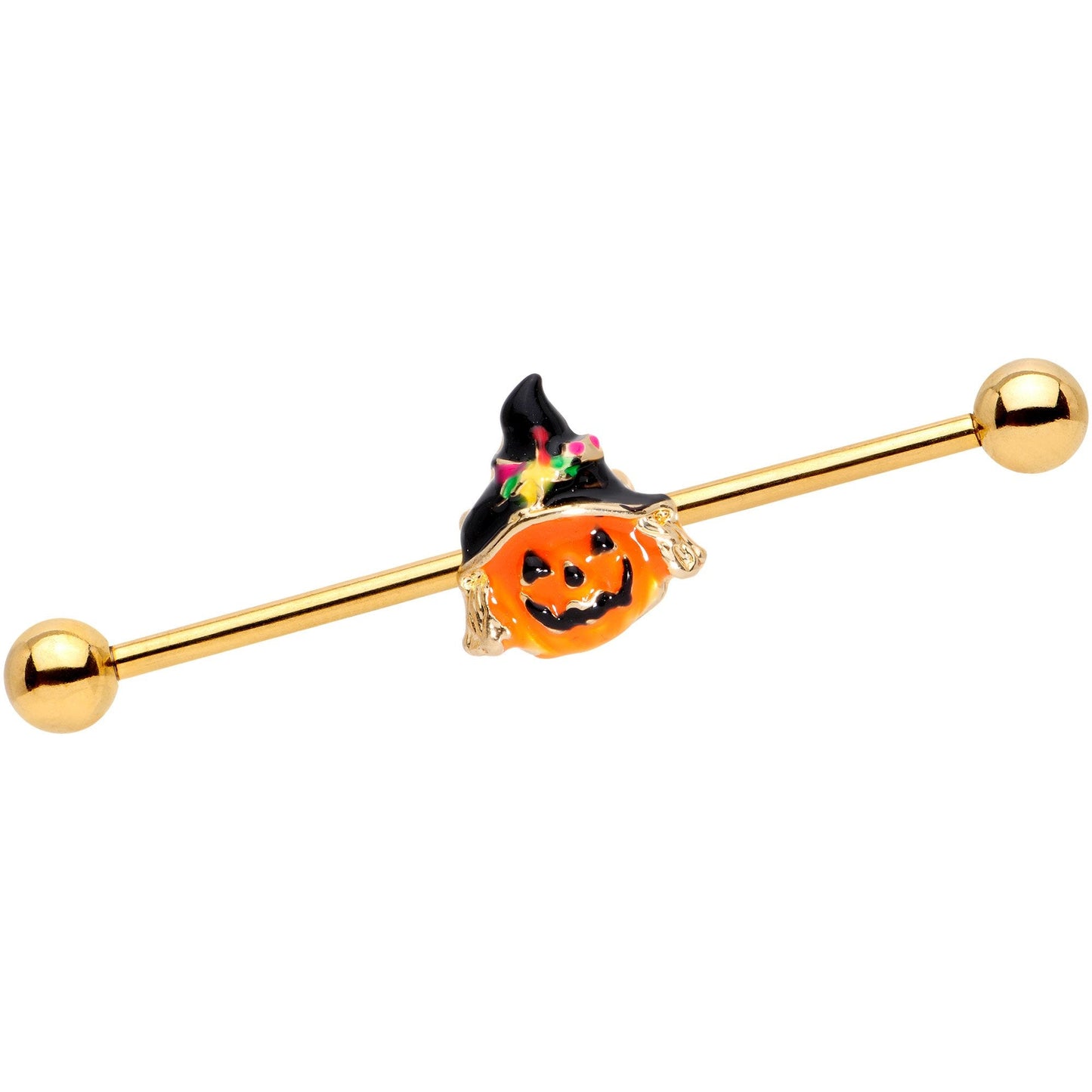 14G Gold Tone Halloween Jack O Lantern Industrial Barbell 38mm
