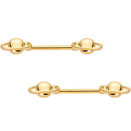 14G 9/16 Gold PVD Alien Spaceship Barbell Nipple Ring Set
