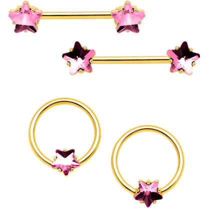 14G Pink Gem Star Gold Tone Captive Barbell Nipple Ring Set