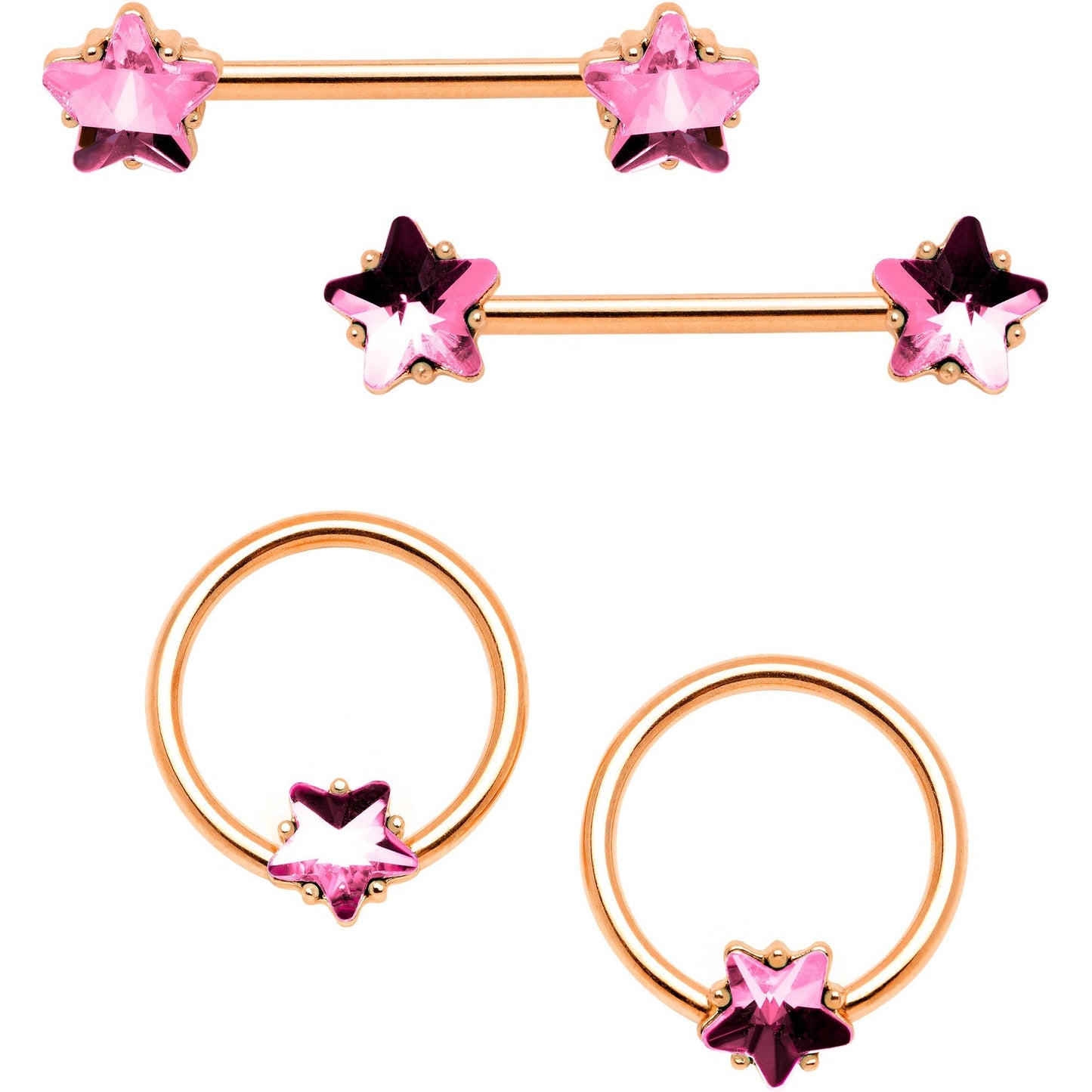 14G Pink Gem Star Rose Gold Tone Captive Barbell Nipple Ring Set