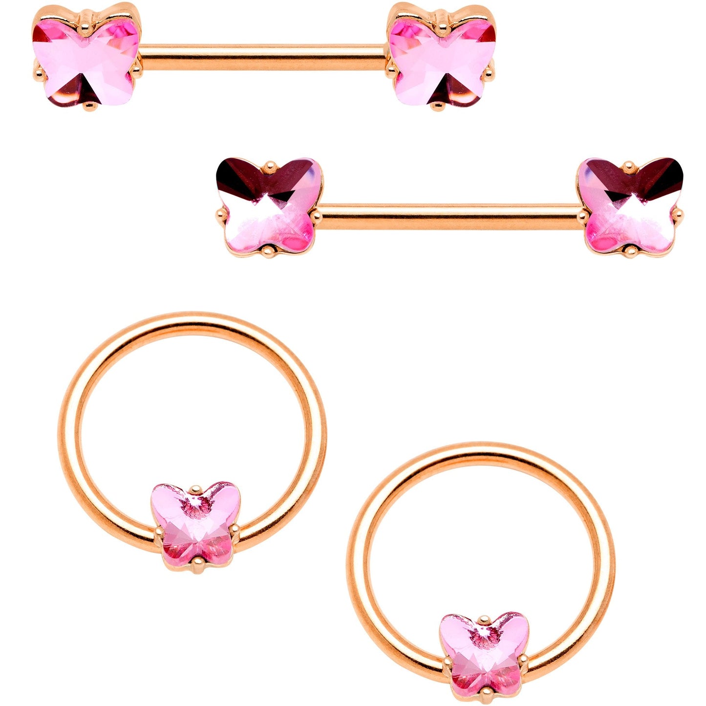 14G Pink Gem Butterfly Rose Gold Hue BCR Barbell Nipple Ring Set