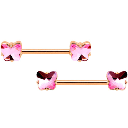 14G Pink Gem Butterfly Rose Gold Hue BCR Barbell Nipple Ring Set