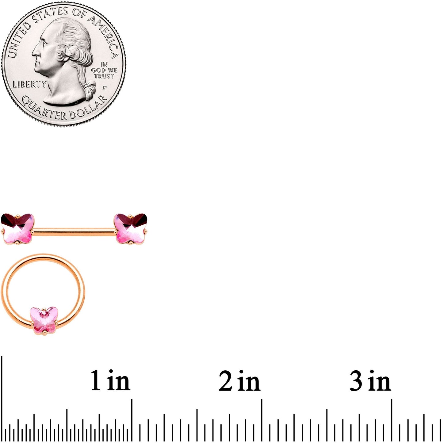 14G Pink Gem Butterfly Rose Gold Hue BCR Barbell Nipple Ring Set