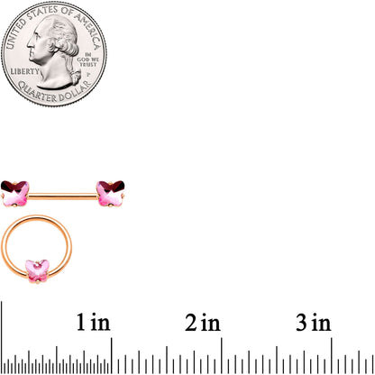 14G Pink Gem Butterfly Rose Gold Hue BCR Barbell Nipple Ring Set