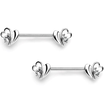 14G 9/16 Clear Gem Love Wave Barbell Nipple Ring Set