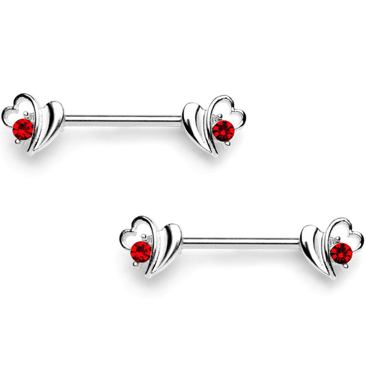 14G 9/16 Red Gem Love Wave Barbell Nipple Ring Set