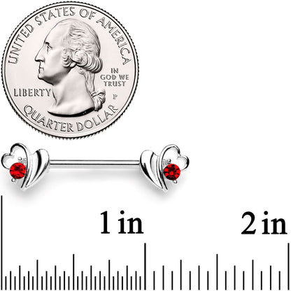14G 9/16 Red Gem Love Wave Barbell Nipple Ring Set