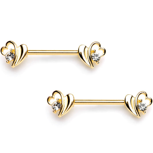 14G 9/16 Clear Gem Gold Tone Love Wave Barbell Nipple Ring Set