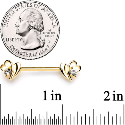 14G 9/16 Clear Gem Gold Tone Love Wave Barbell Nipple Ring Set