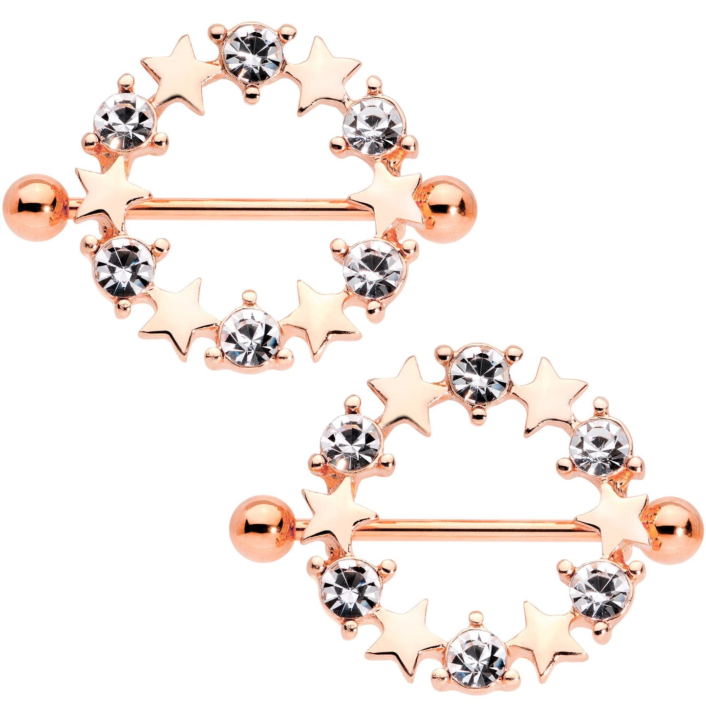 14G 7/16 Clear Gem Rose Gold Tone Ring of Stars Nipple Shield Set
