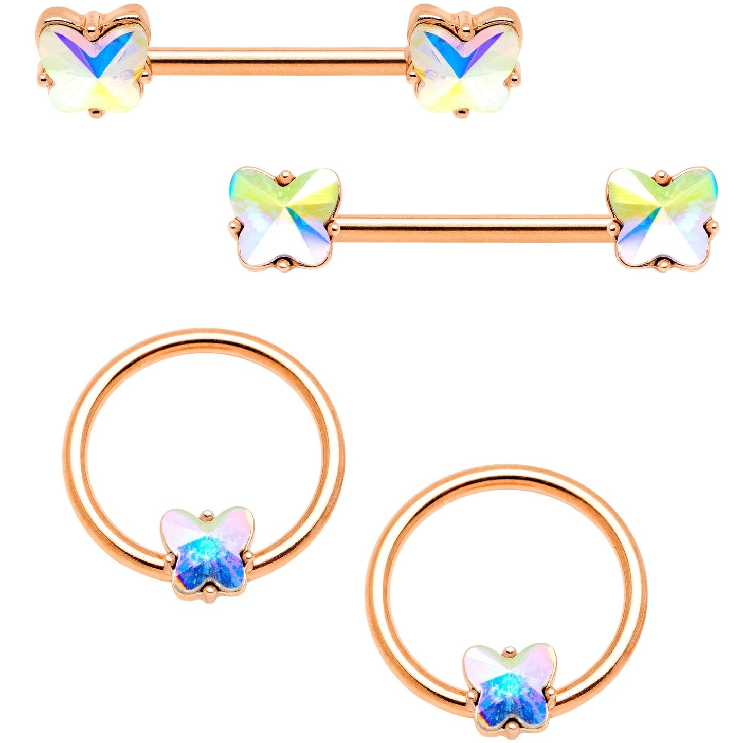 14G Aurora Gem Rose Gold Hue Butterfly BCR Barbell Nipple Rings