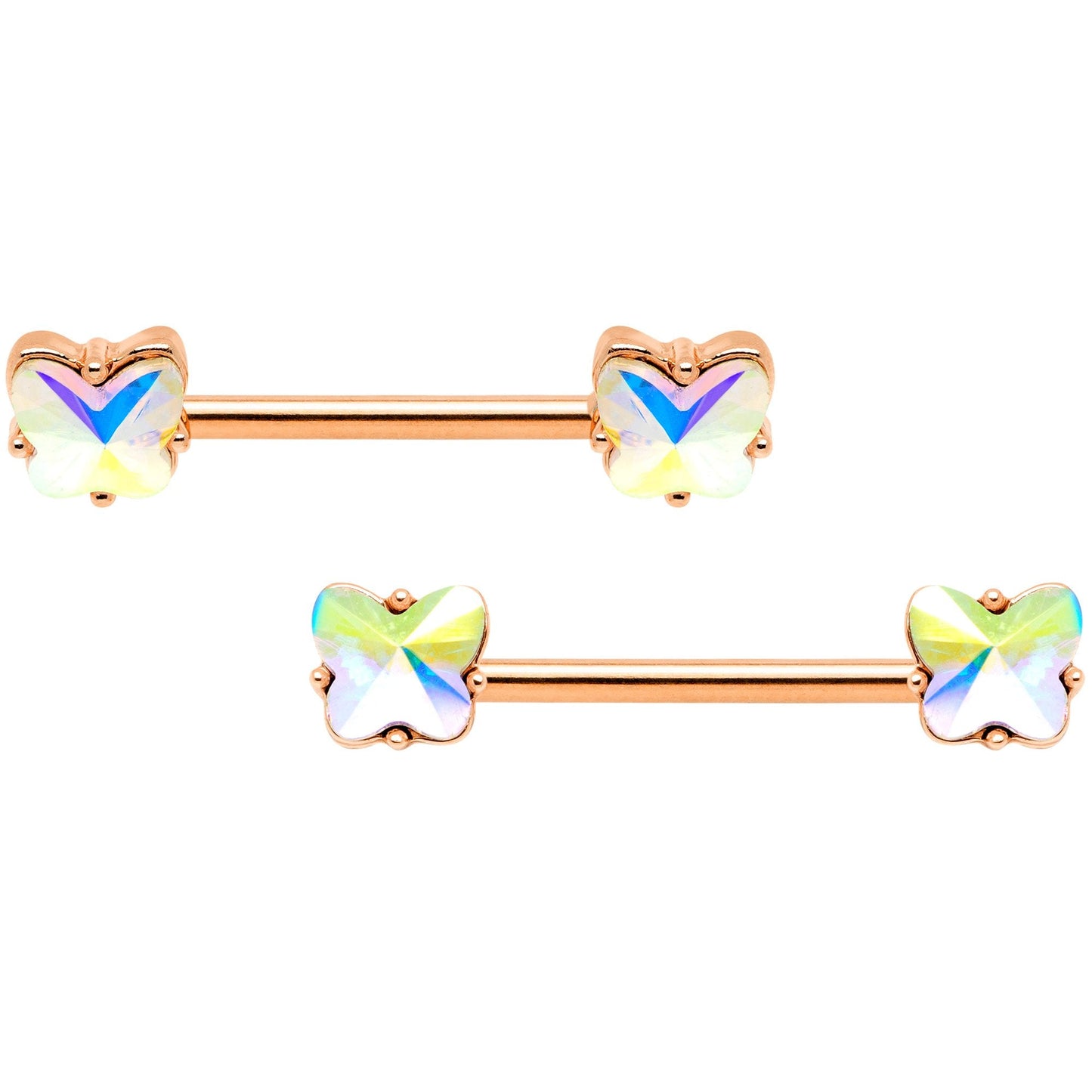 14G Aurora Gem Rose Gold Hue Butterfly BCR Barbell Nipple Rings