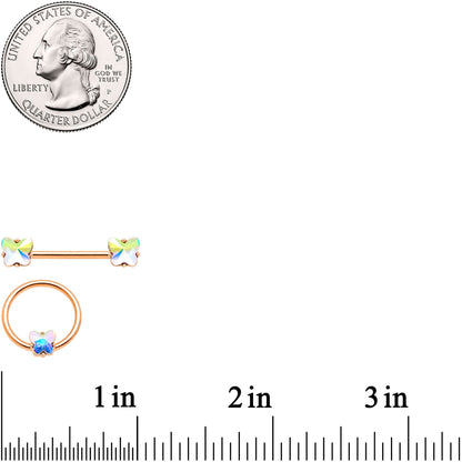 14G Aurora Gem Rose Gold Hue Butterfly BCR Barbell Nipple Rings