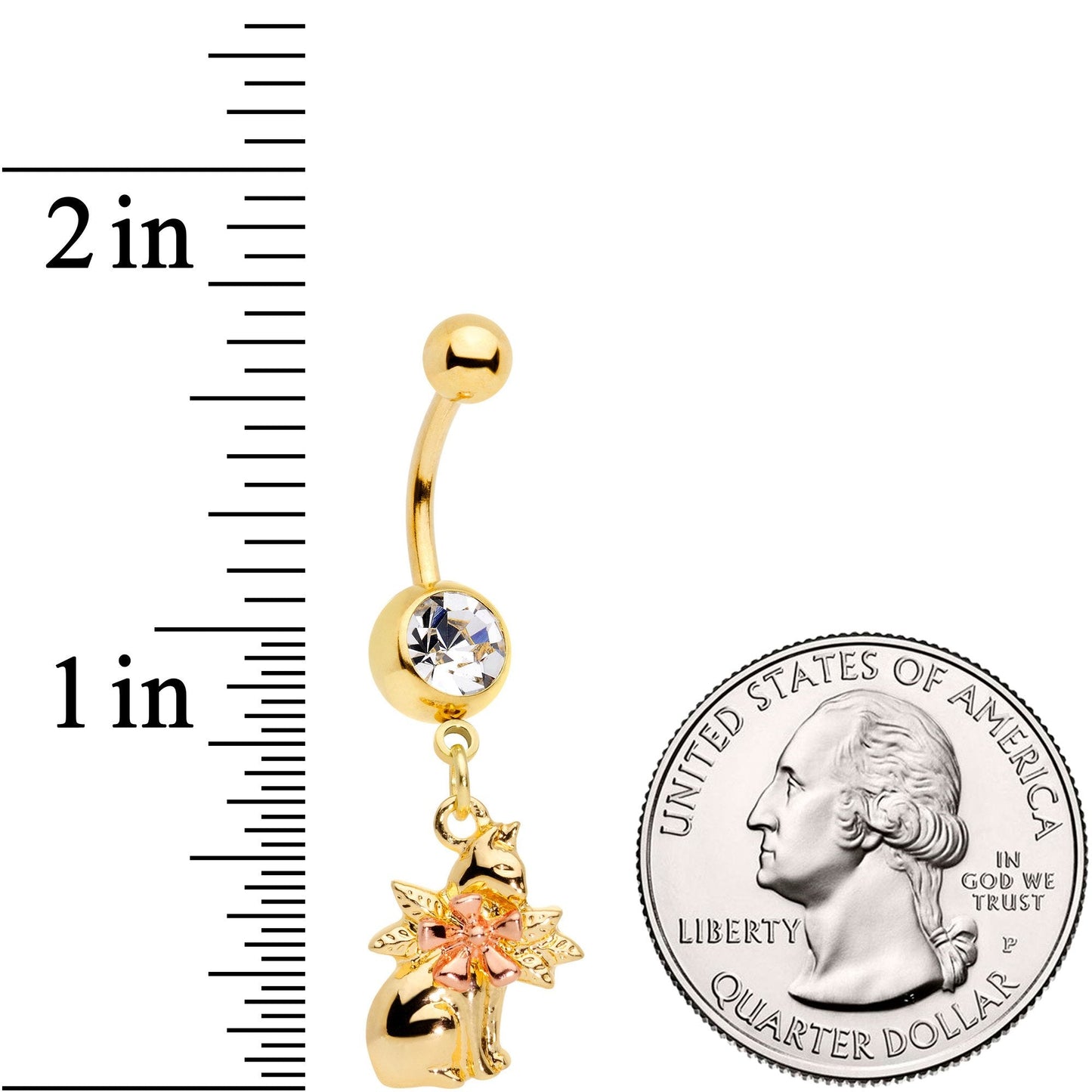 Clear Gem Gold Tone Kitty Cat With A Corsage Dangle Belly Ring