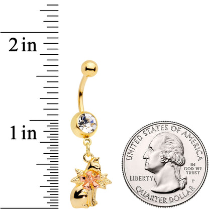Clear Gem Gold Tone Kitty Cat With A Corsage Dangle Belly Ring