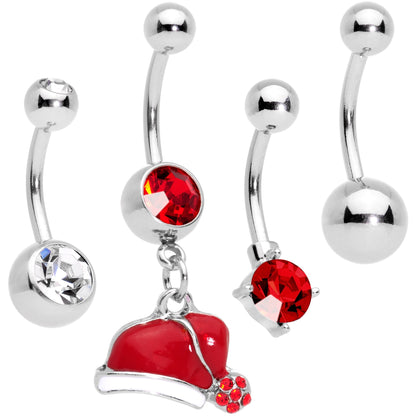 Clear Red Gem Holiday Santas Cap Christmas Dangle Belly Ring Set of 4