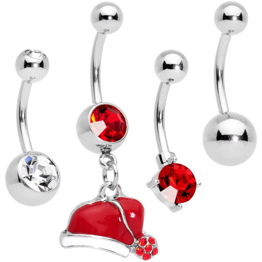 Clear Red Gem Holiday Santas Cap Christmas Dangle Belly Ring Set of 4