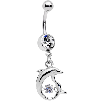 Clear CZ Gem Abstract Dancing Dolphin Dangle Belly Ring