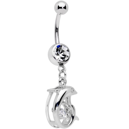 Clear CZ Gem Abstract Dancing Dolphin Dangle Belly Ring