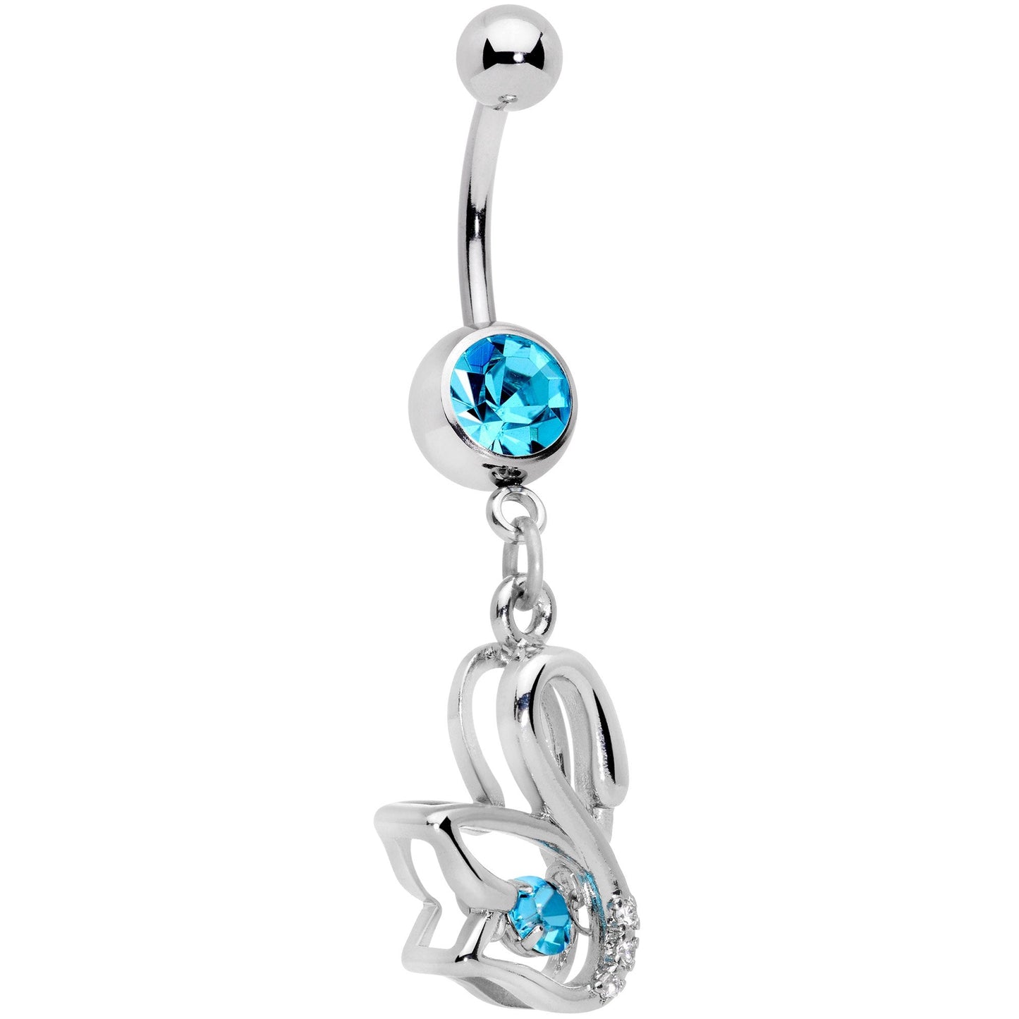 Clear Aqua CZ Gem Floating Modernist Swan Dangle Belly Ring