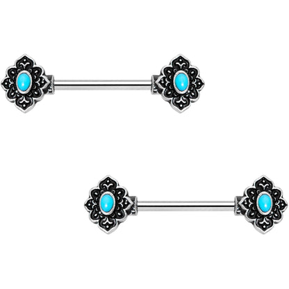 14G 9/16 Faux Turquoise Baroque Oval Barbell Nipple Ring Set