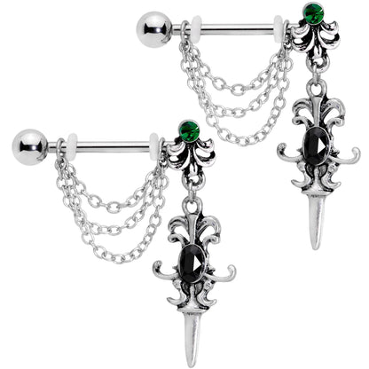 14G 9/16Black Green Gem Chain Sword Barbell Nipple Ring Set