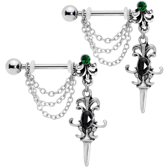 14G 9/16Black Green Gem Chain Sword Barbell Nipple Ring Set