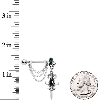 14G 9/16Black Green Gem Chain Sword Barbell Nipple Ring Set