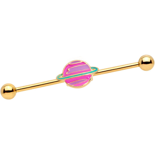 14G Pink Planet Saturn Industrial Barbell 38mm