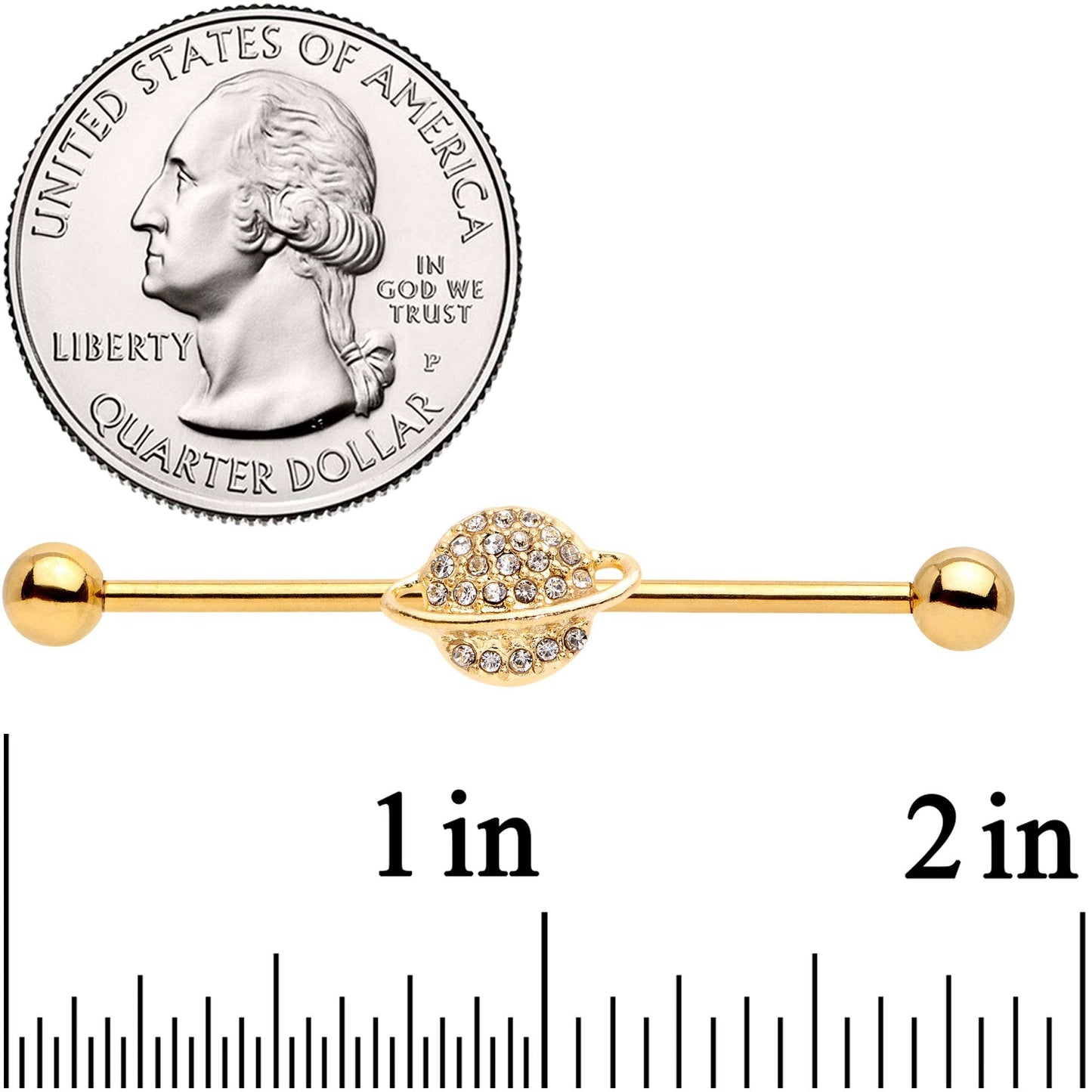 14G Clear Gem Gold Tone Planet Saturn Industrial Barbell 38mm