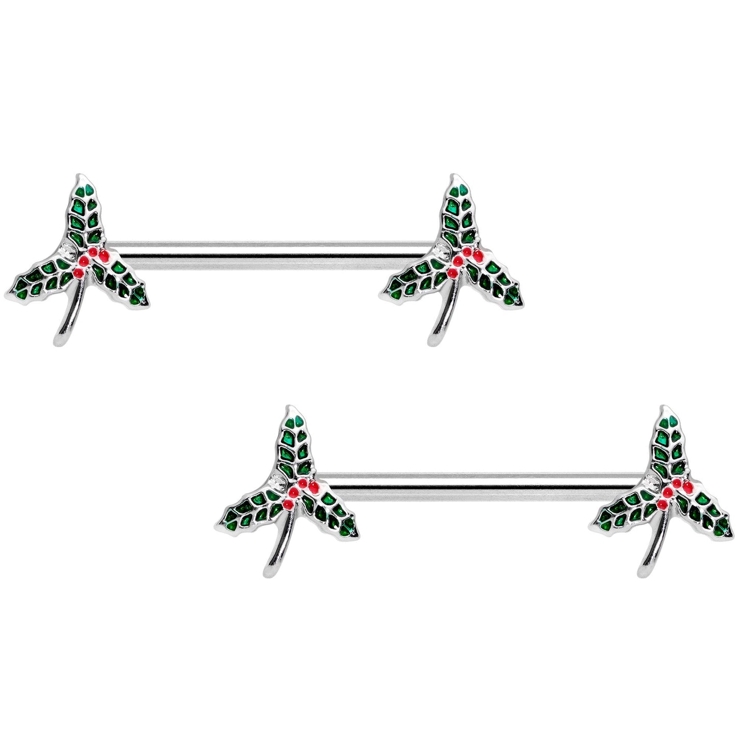 14G 9/16 Holiday Mistletoe Barbell Nipple Ring Set