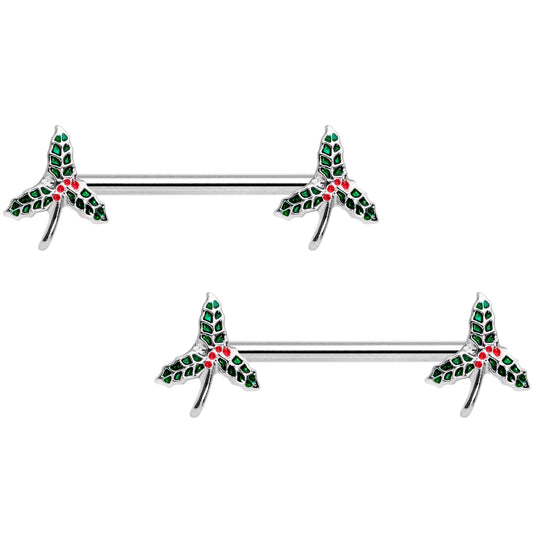 14G 9/16 Holiday Mistletoe Barbell Nipple Ring Set