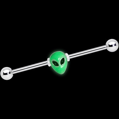 14G Green Glow in the Dark Space Alien Industrial Barbell 38mm