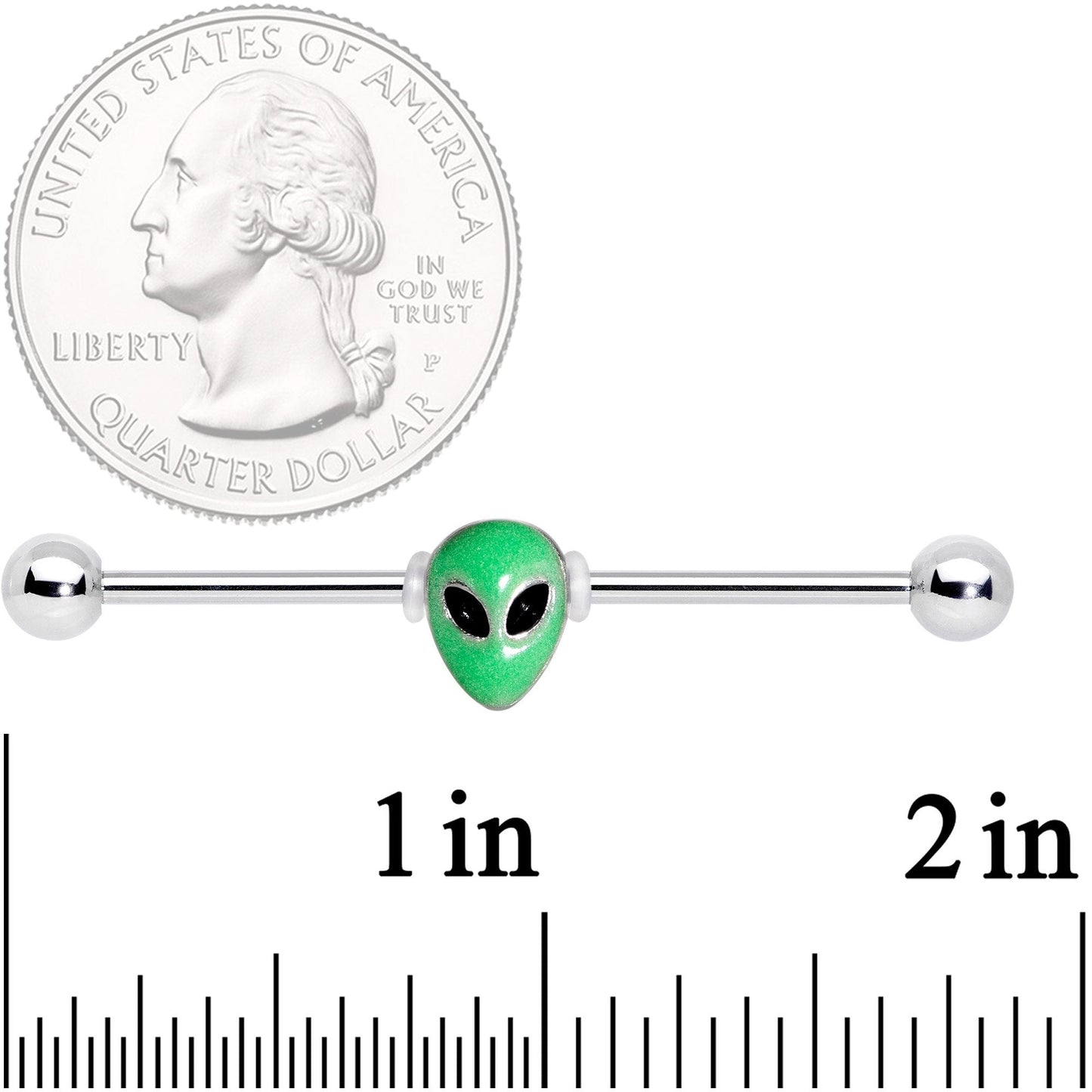 14G Green Glow in the Dark Space Alien Industrial Barbell 38mm