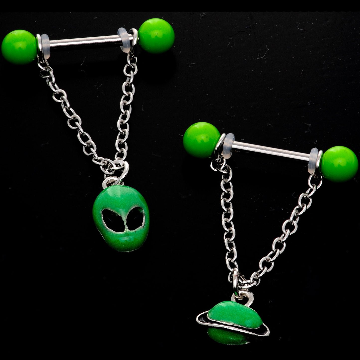 14G 9/16 Glow Alien Saturn Dangle Barbell Nipple Ring Set