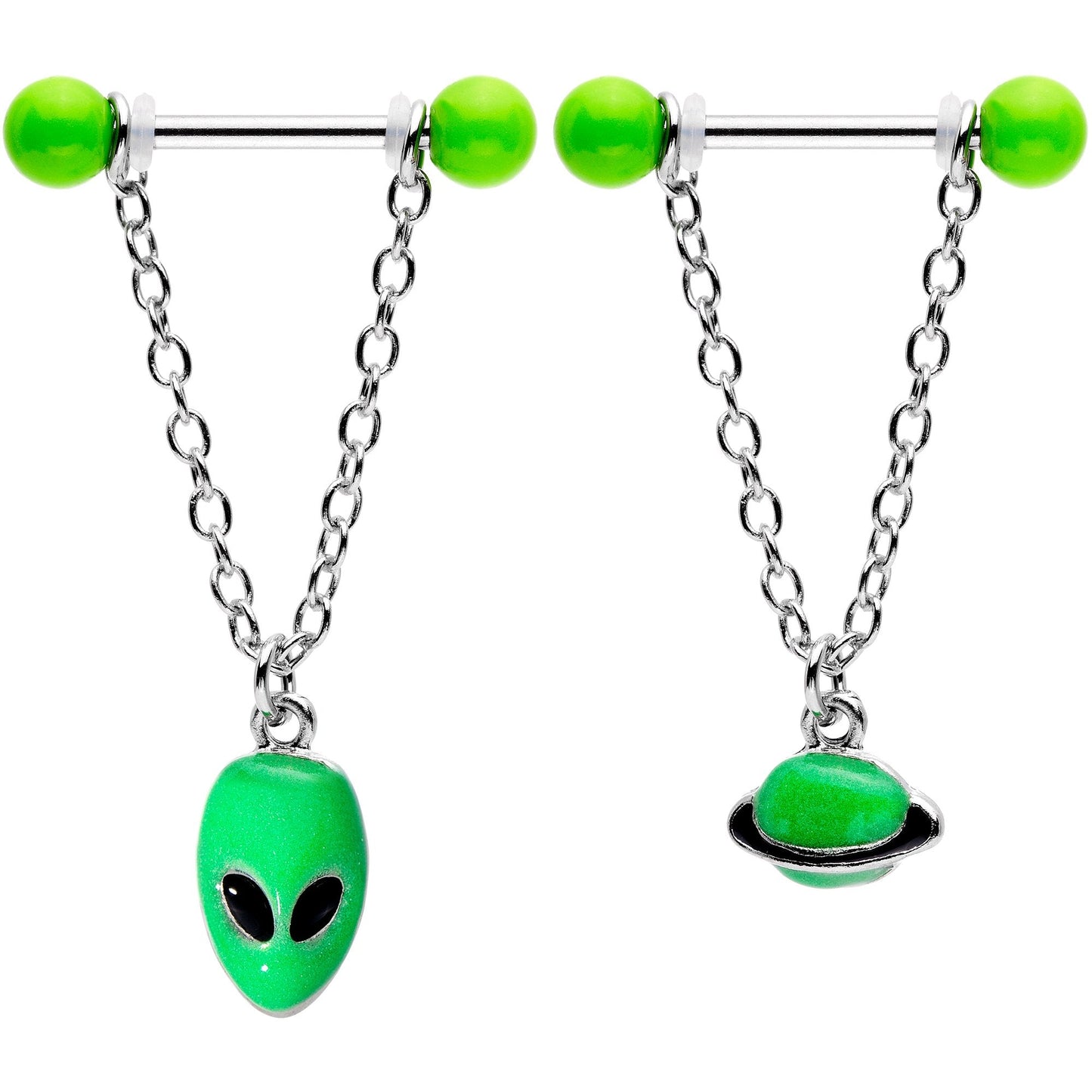 14G 9/16 Glow Alien Saturn Dangle Barbell Nipple Ring Set