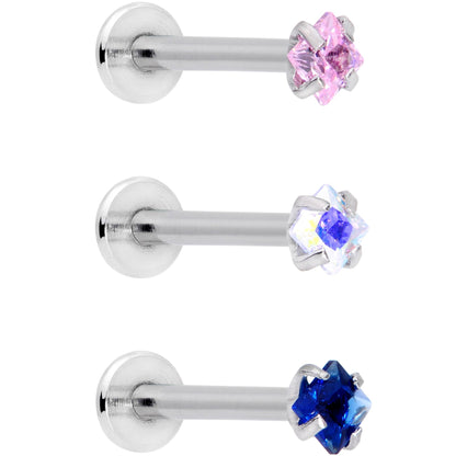 16G 3/8 Pink Aurora Blue CZ Gem Labret Tragus Set of 3