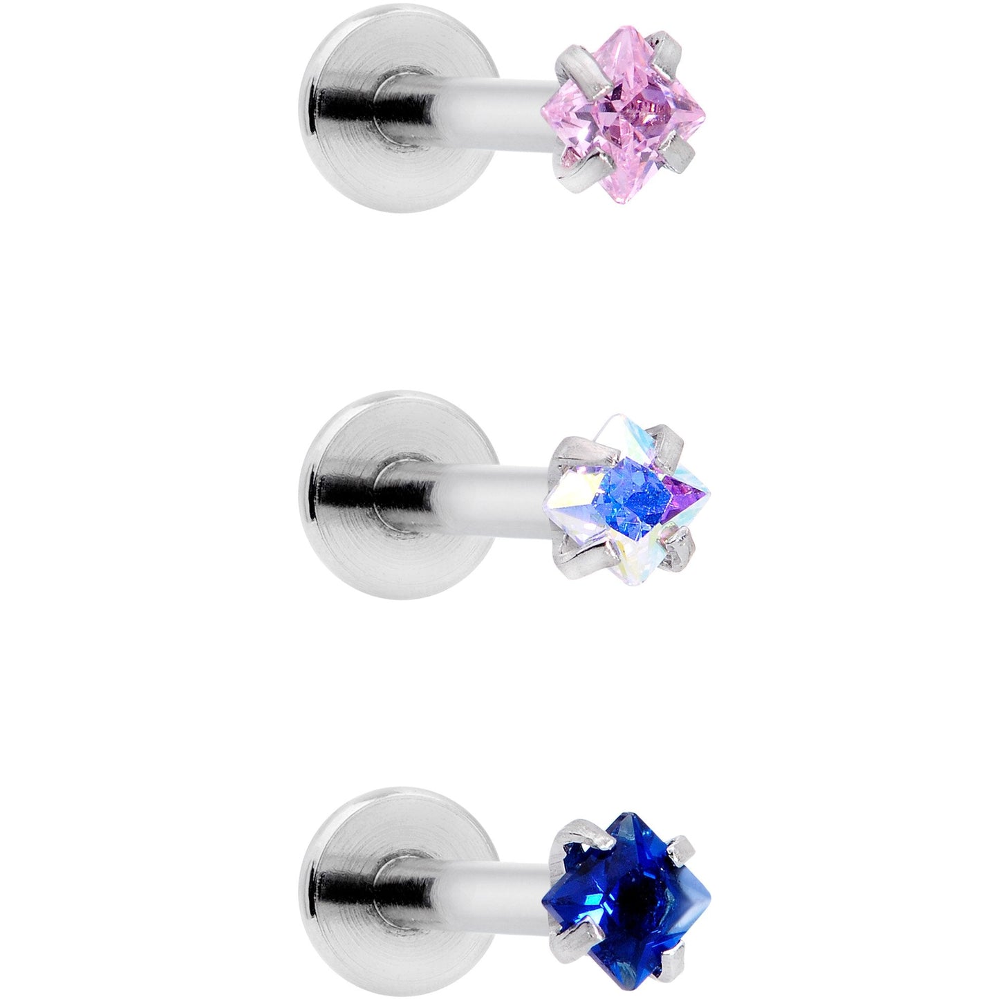 16G 3/8 Pink Aurora Blue CZ Gem Labret Tragus Set of 3