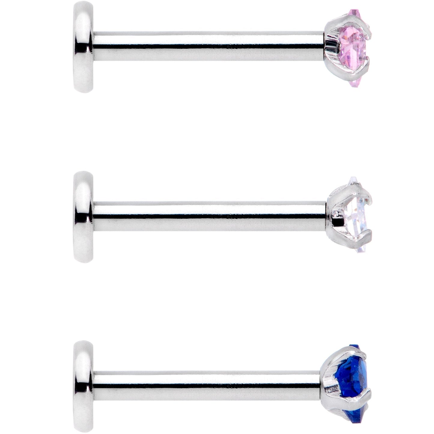16G 3/8 Pink Aurora Blue CZ Gem Labret Tragus Set of 3