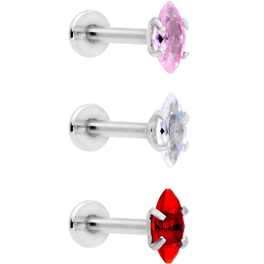 16G 3/8 Multicolor CZ Oval Gem Cats Eye Labret Set of 3
