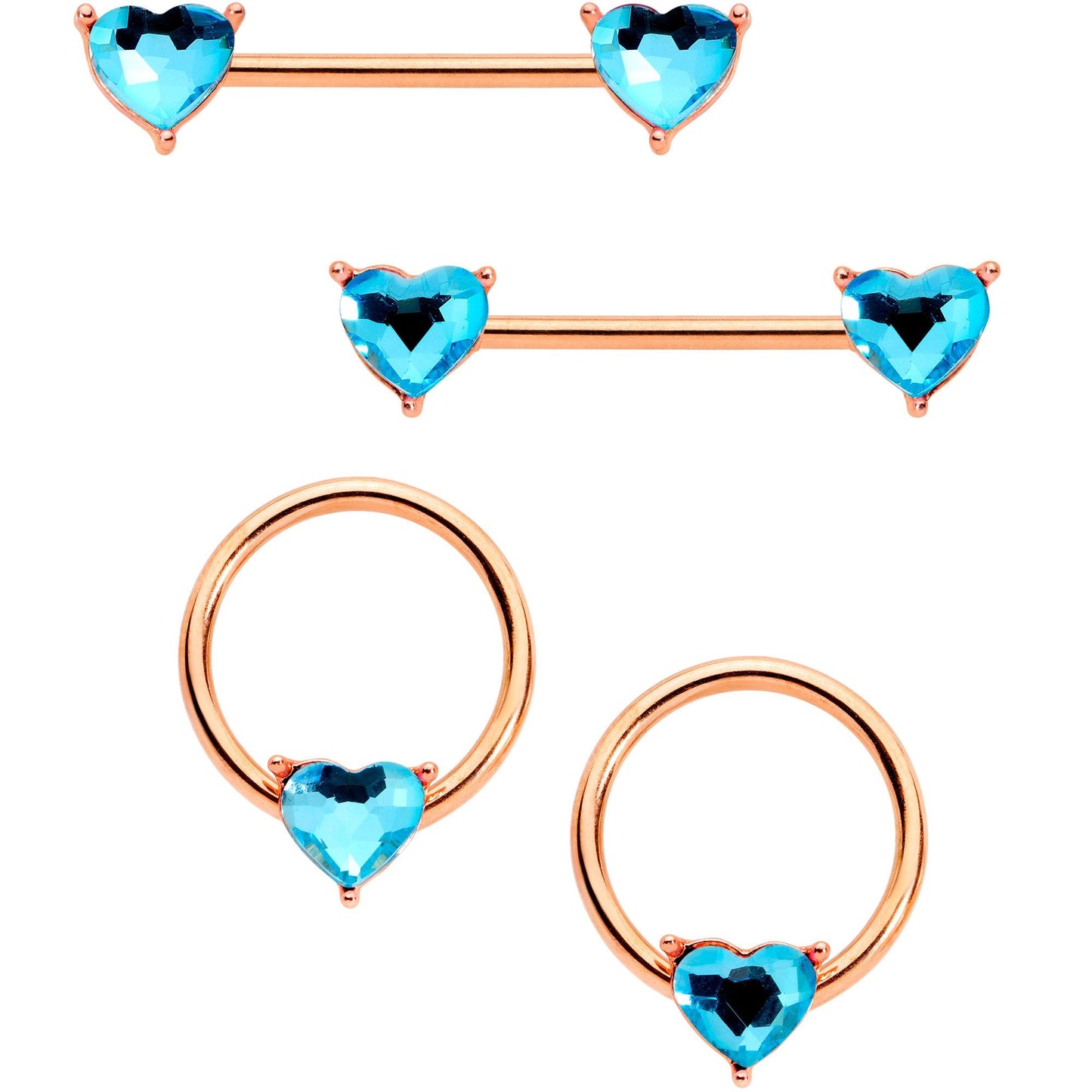 14G Aqua Gem Heart Rose Gold Tone BCR Barbell Nipple Ring Set of 4