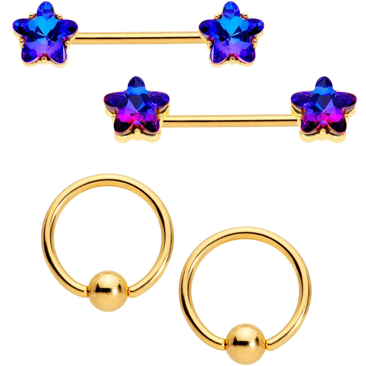 14G Deep Blue Gem Star Gold Tone BCR Barbell Nipple Ring Set