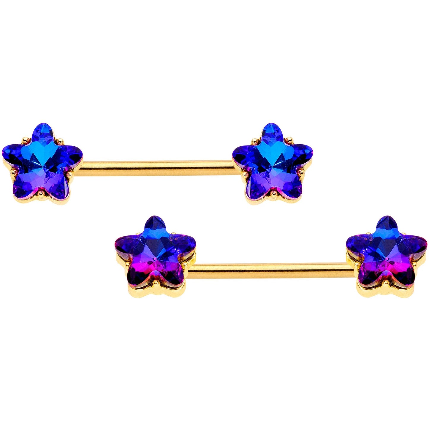 14G Deep Blue Gem Star Gold Tone BCR Barbell Nipple Ring Set
