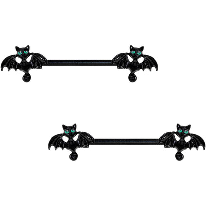 14G 9/16 Itty Bitty Black Bats Barbell Nipple Ring Set
