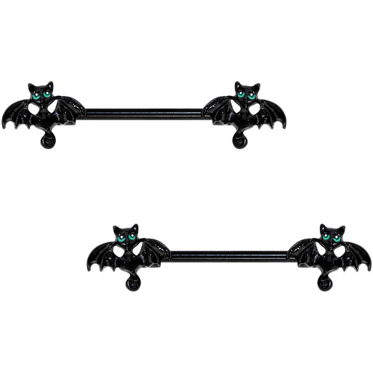 14G 9/16 Itty Bitty Black Bats Barbell Nipple Ring Set
